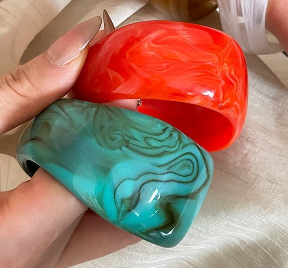 2pcs Chunky Acrylic Bangle Bracelet Set Marble Resin Wide Cuff Statement Jewelry