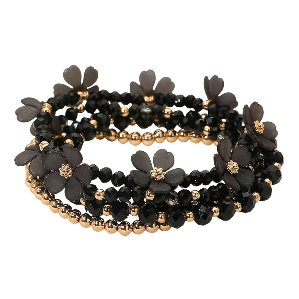 Gold Tone Black Flower 5pc Stackable Beaded Stretch Bracelet Set Jewelry Gift