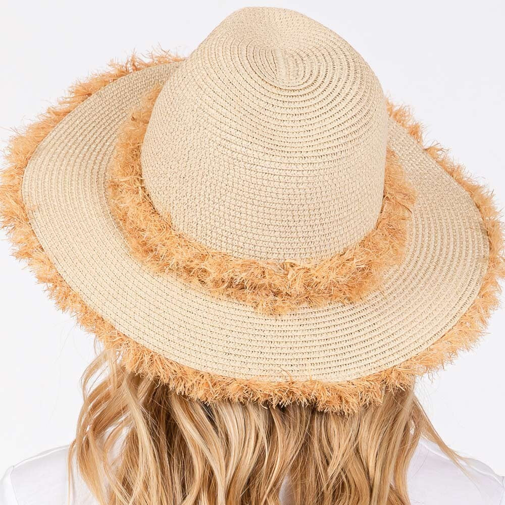 Bohemian Frayed Brim Straw Hat for Women Outdoor Wide Brim Sun Hat Beige