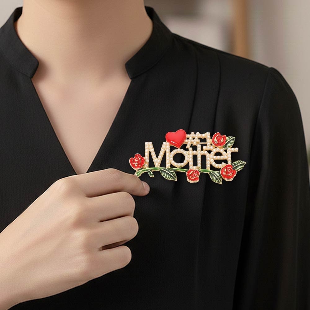 Gold Faux Pearl #1 Mother Brooch Pin with Red Roses and Heart Accent
