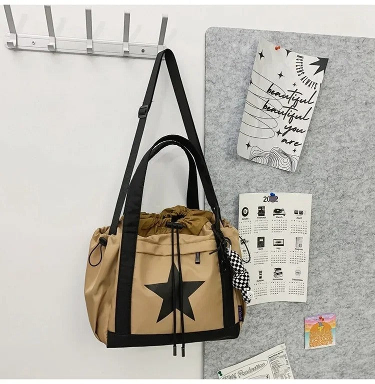 2-Pack Star Drawstring Tote Shoulder Bag Set Khaki Black White Crossbody Bags