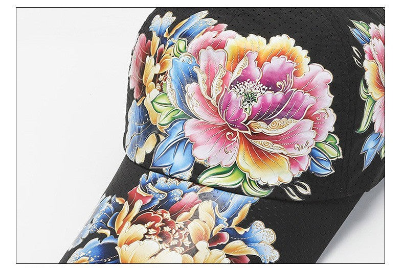 Vibrant Floral Peony Baseball Cap Black Perforated Mesh Breathable Adjustable