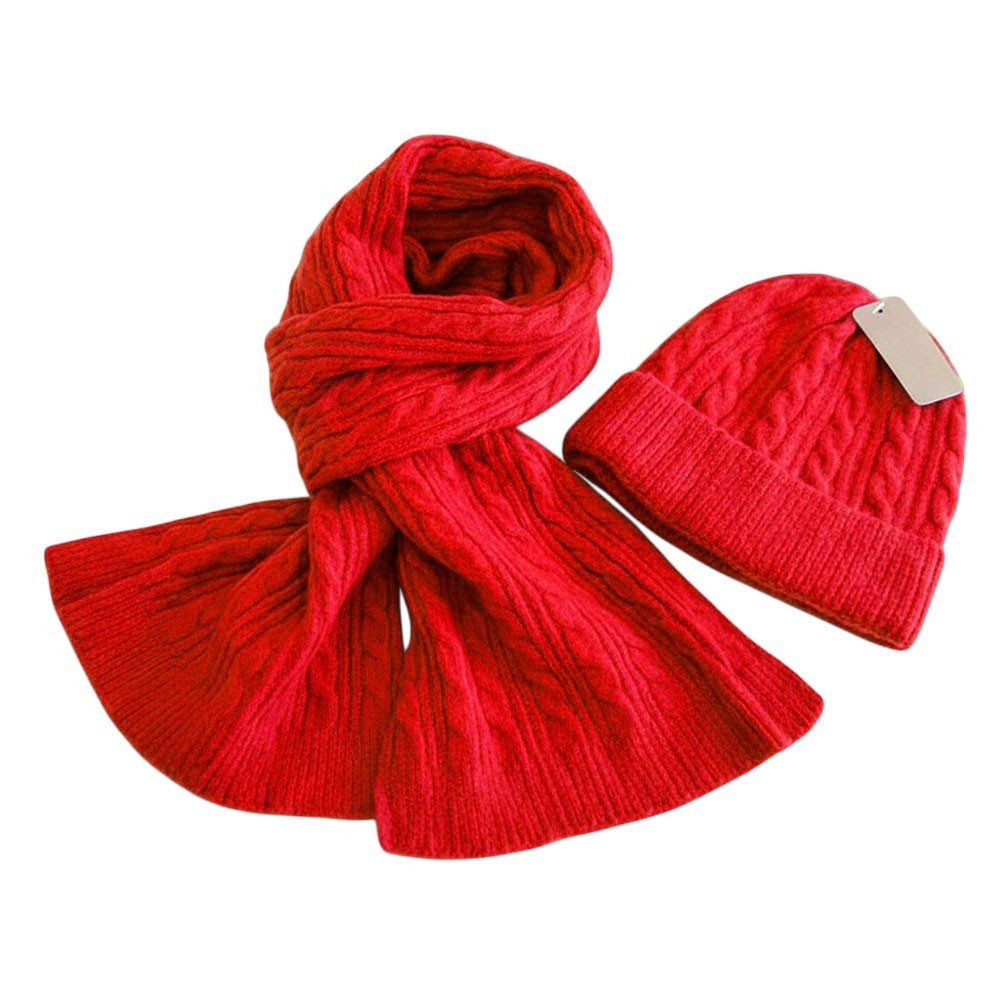 Cozy Cable Knit Scarf Beanie Set Winter Hat Warm Acrylic Polyester Red