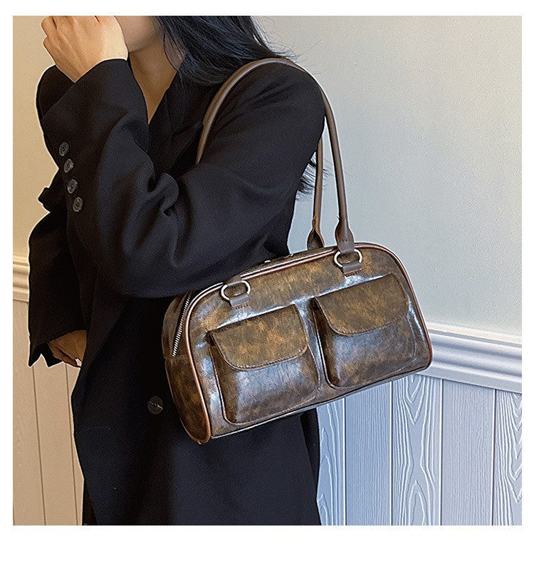 Vintage Y2K Distressed Brown Faux Leather Bowling Bag Double Pocket Shoulder Bag