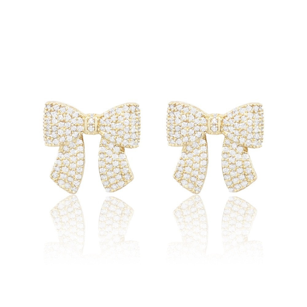Sparkling Cubic Zirconia Pavé Bow Tie Stud Earrings Gold and White Gold Dipped