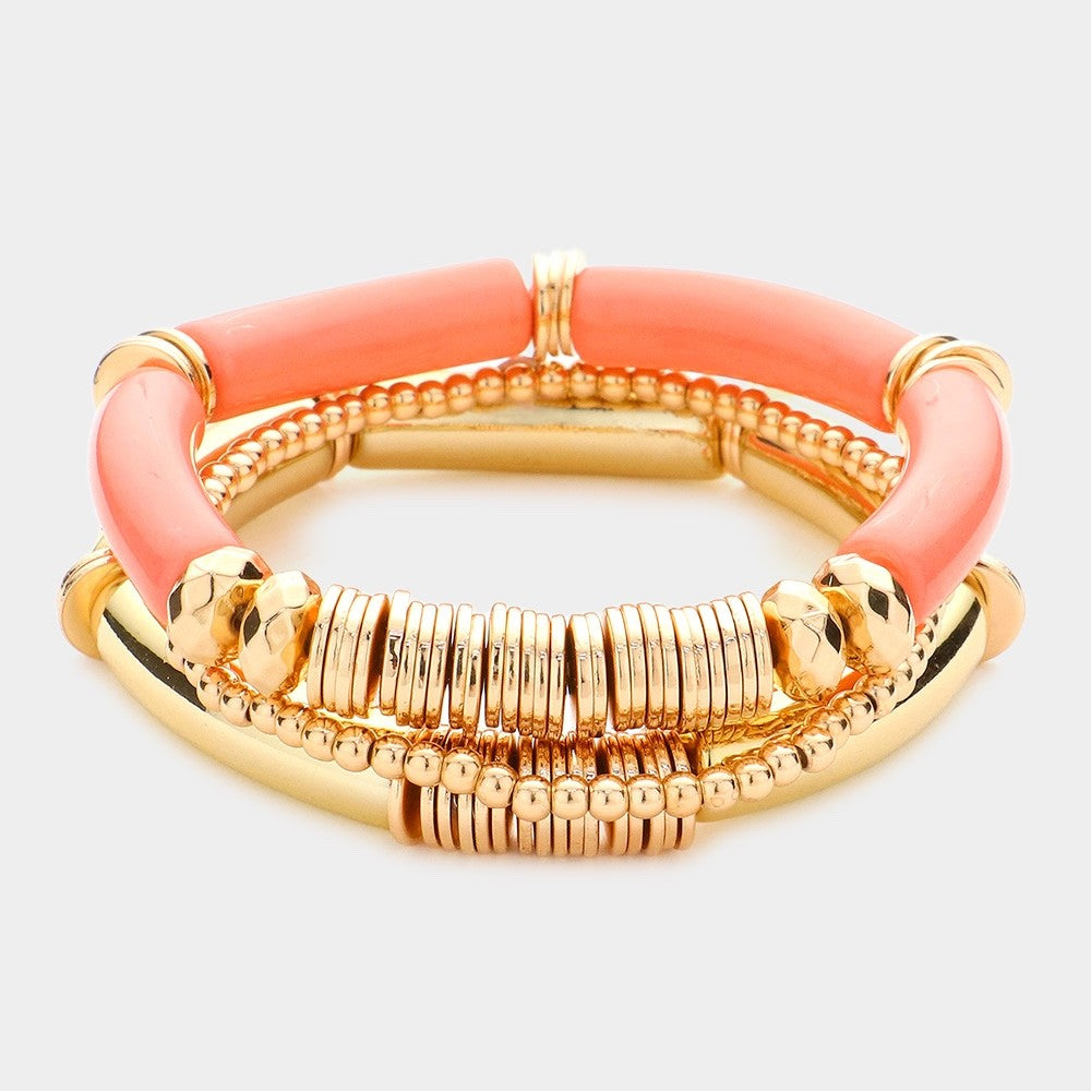 Gold and Coral Pink Resin Bead Stacked Stretch Bangle Bracelet