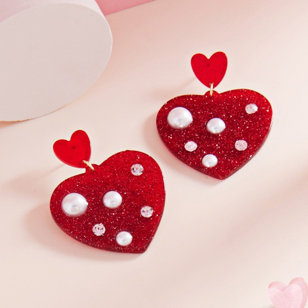 Red Glitter Heart Earrings with Faux Pearls and Crystals Jewelry