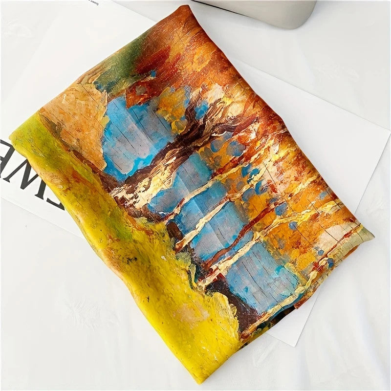 Luxury Satin Silk Scarf Women Large Painting Print Shawl Wrap Beach Cover 70x35
