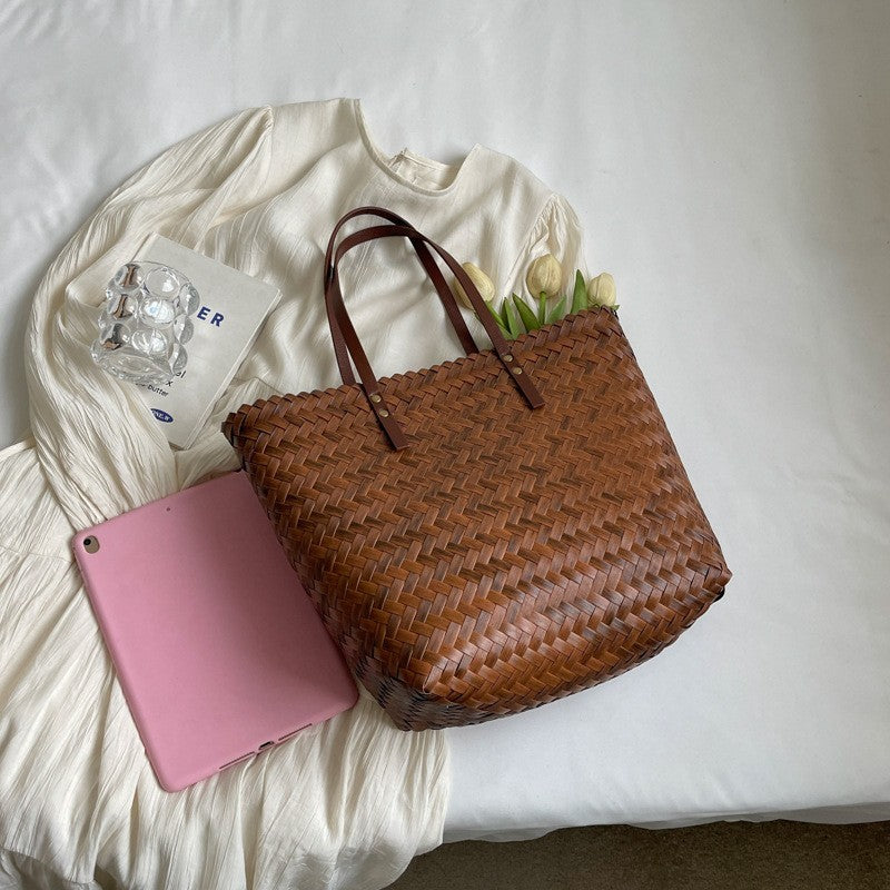 Handwoven Basket Weave Rattan Straw Tote Bag Large Capacity Brown Bags