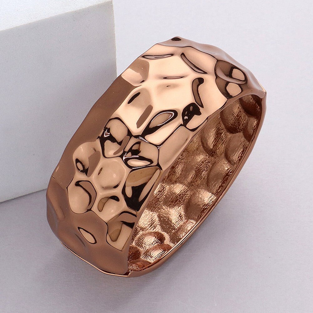 Chunky Hammered Metal Bracelet Rose Gold Tone | Hinged Wide Bangle for Women