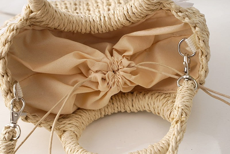 Hand-Woven Straw Daisy Bag for Women| Boho Moon-Shaped Summer Crossbody Purse