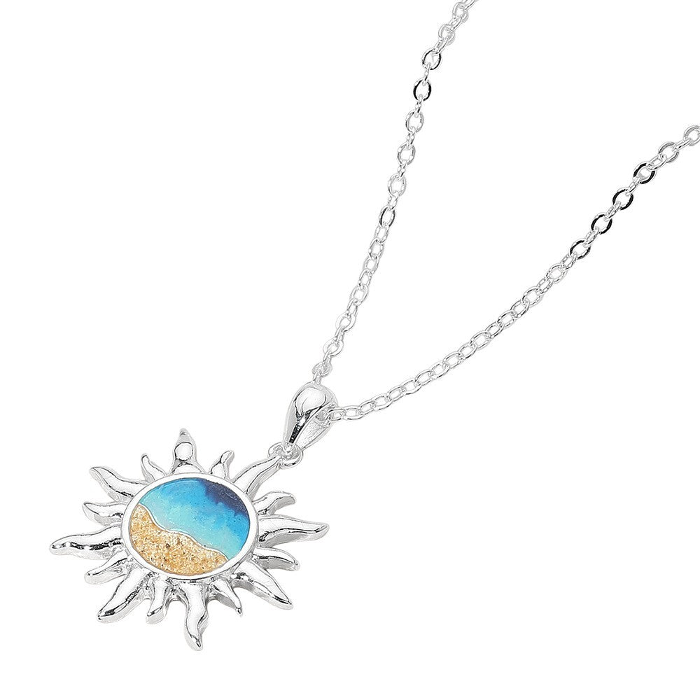 Enamel Burning Sun Pendant Necklace in Silver Tone for Women