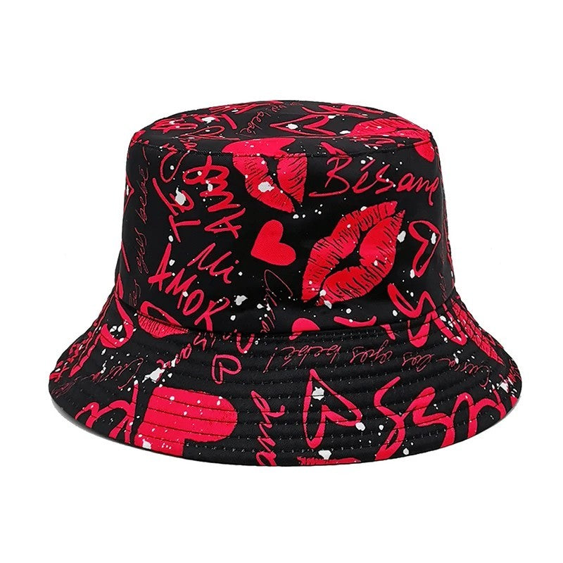 2X Reversible Bucket Hat Set Lips XOXO Graffiti Print Black White Unisex Y2K