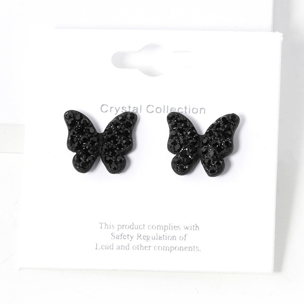 2pcs Black Gold Butterfly Earrings Post Back Sparkly Rhinestone Studs Jewelry