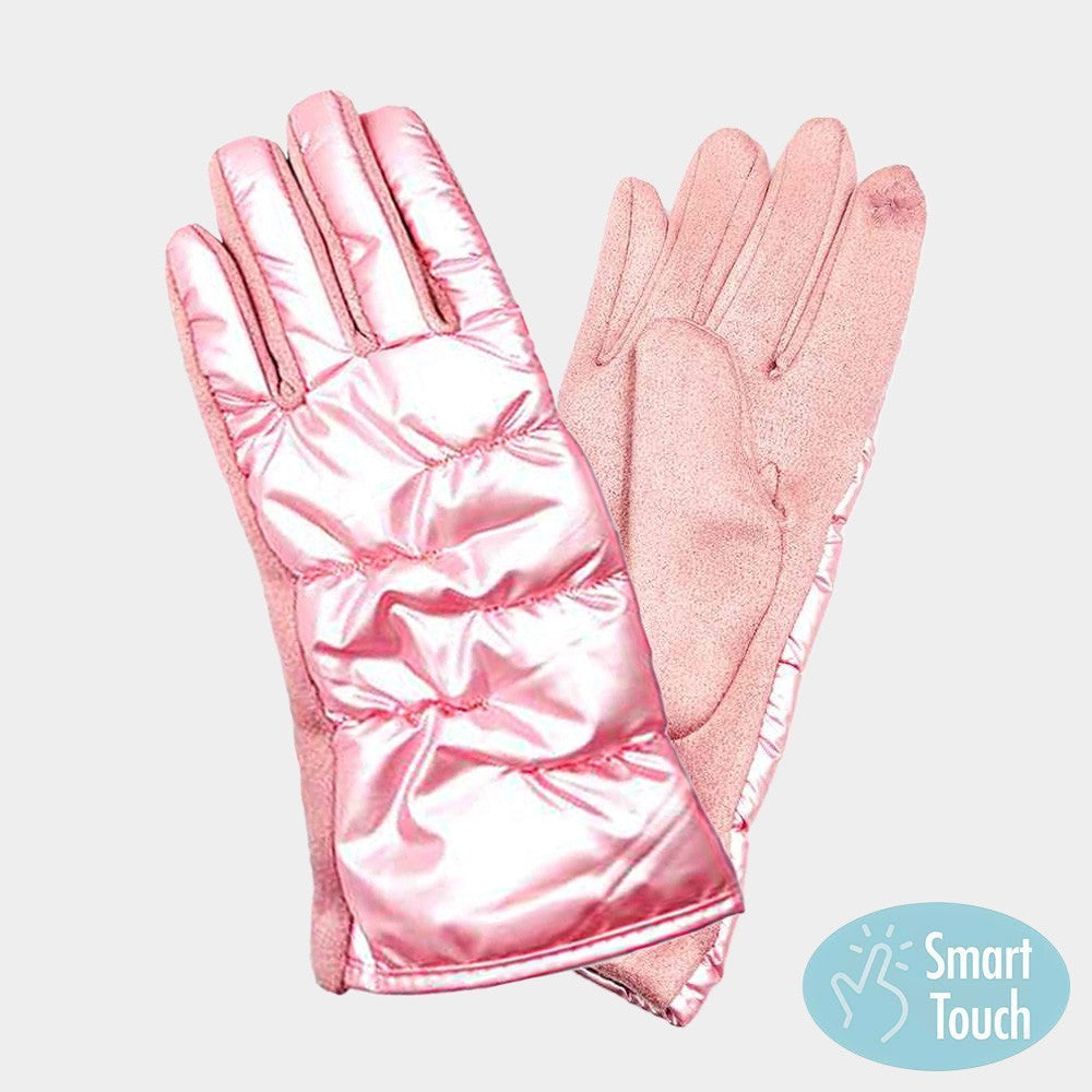Women's One Size Puffer Smart Touch Soft Shiny Warm Winter Quilted Gloves Pink