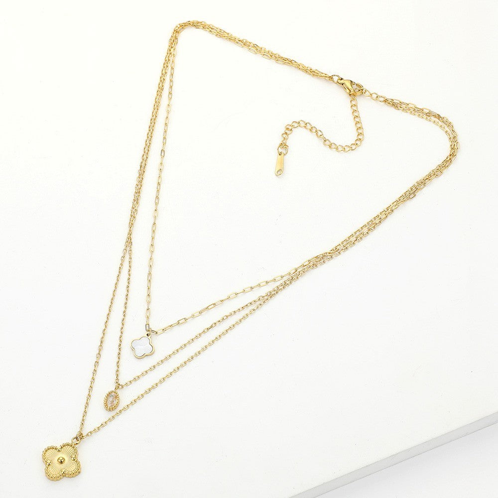 Layered Mother of Pearl Quatrefoil Pendant Necklace in Gold Stainless Steel