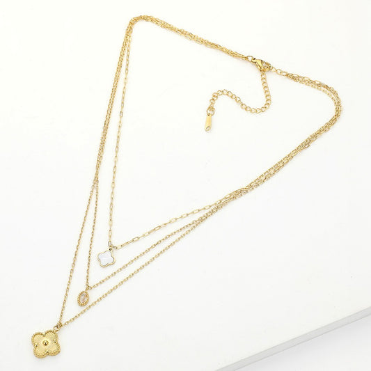 Layered Mother of Pearl Quatrefoil Pendant Necklace in Gold Stainless Steel