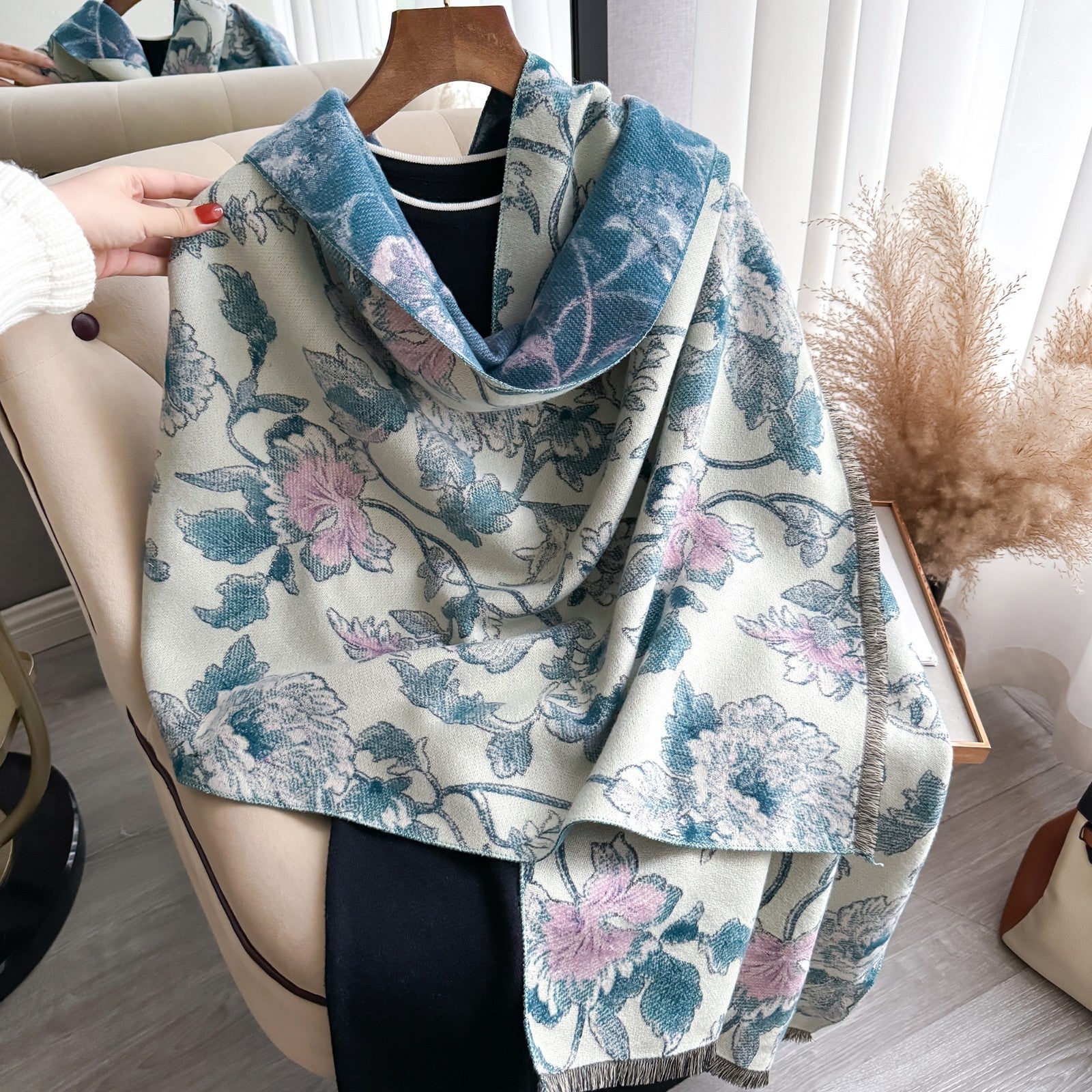 Reversible Floral Butterfly Shawl Scarf Wrap Jacquard Knit Wool Blend Scarves