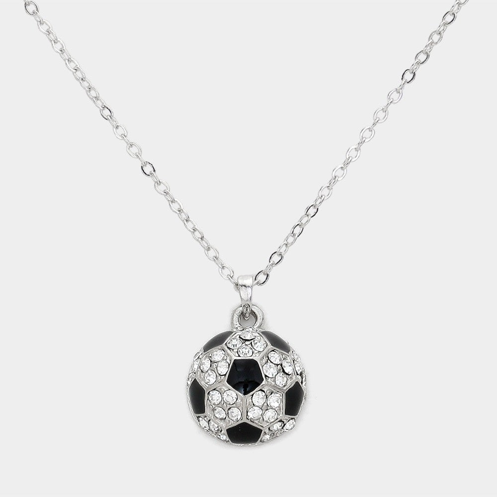 Silver Tone Pave Crystal Soccer Ball Sports Pendant Necklace for Fans