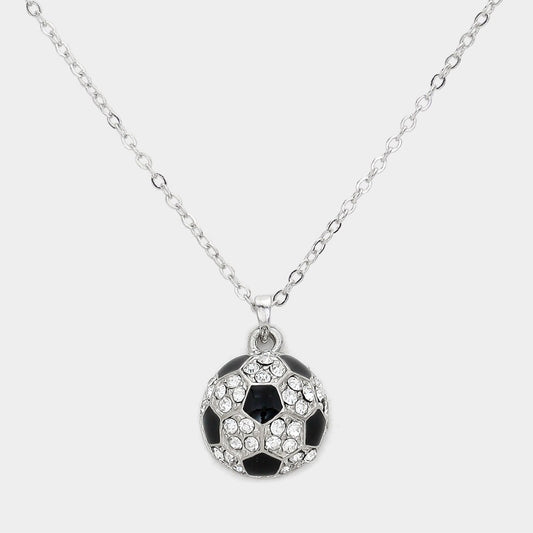 Silver Tone Pave Crystal Soccer Ball Sports Pendant Necklace for Fans