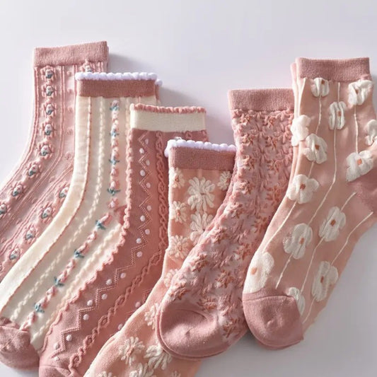 6 Pairs Women's Floral Crew Socks 3D Textured Cotton Pink Cottagecore Set 5-9