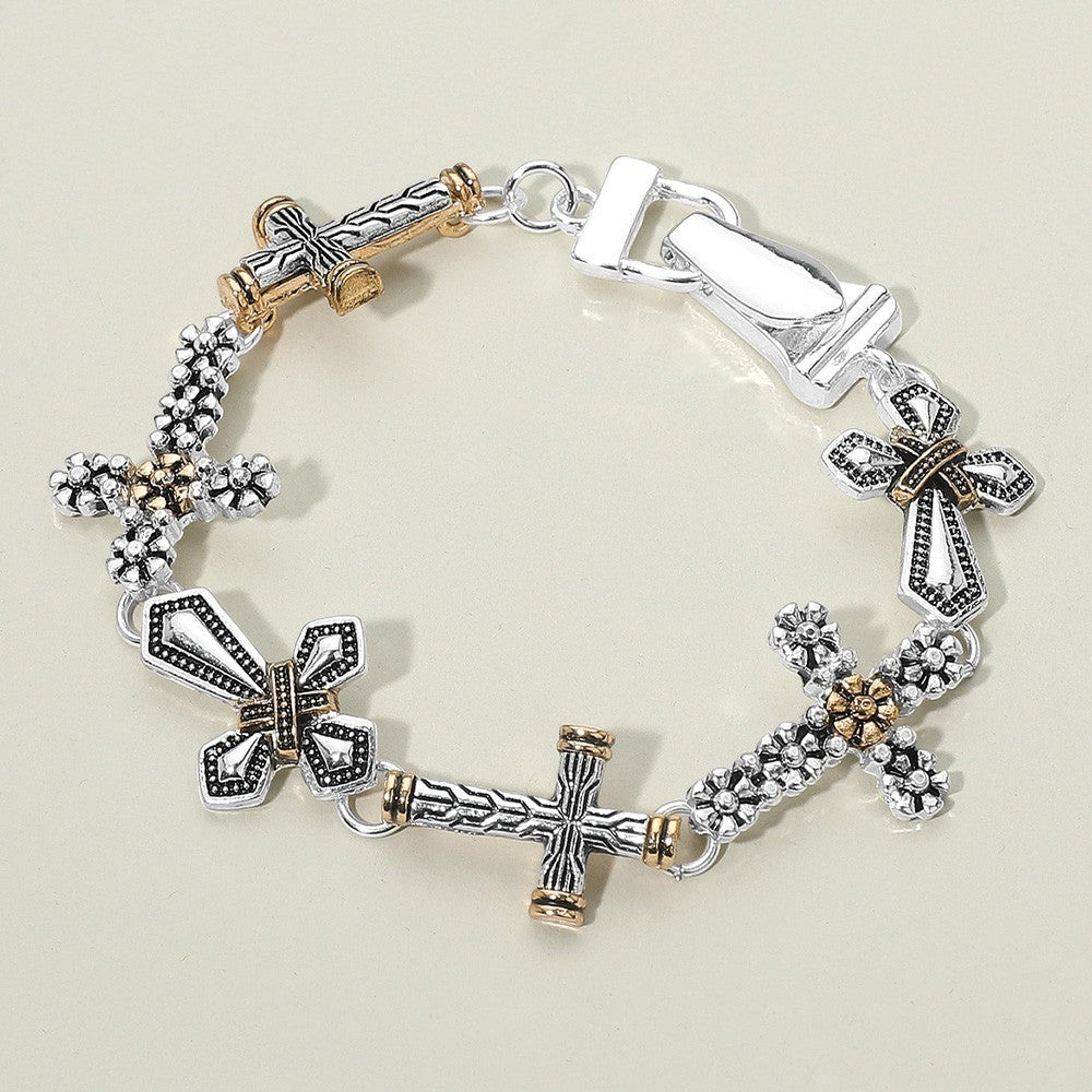 Silver Gold Cross Bracelet Floral Design Religious Jewelry