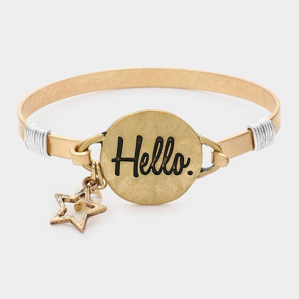 2pc Distressed Metallic Hello Bangle Set with Star and Faux Pearl Charms