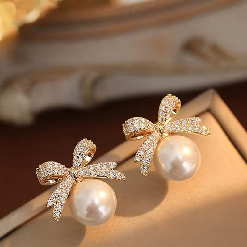 Sparkling Rhinestone Bow Faux Pearl Stud Earrings Fashion Jewelry for Women