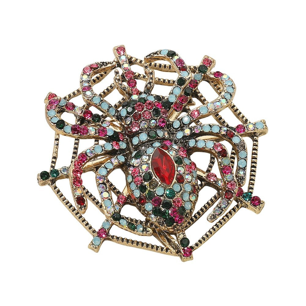 Vintage Gothic Rhinestone Spider Web Brooch Gold Tone Crystal Halloween Pin