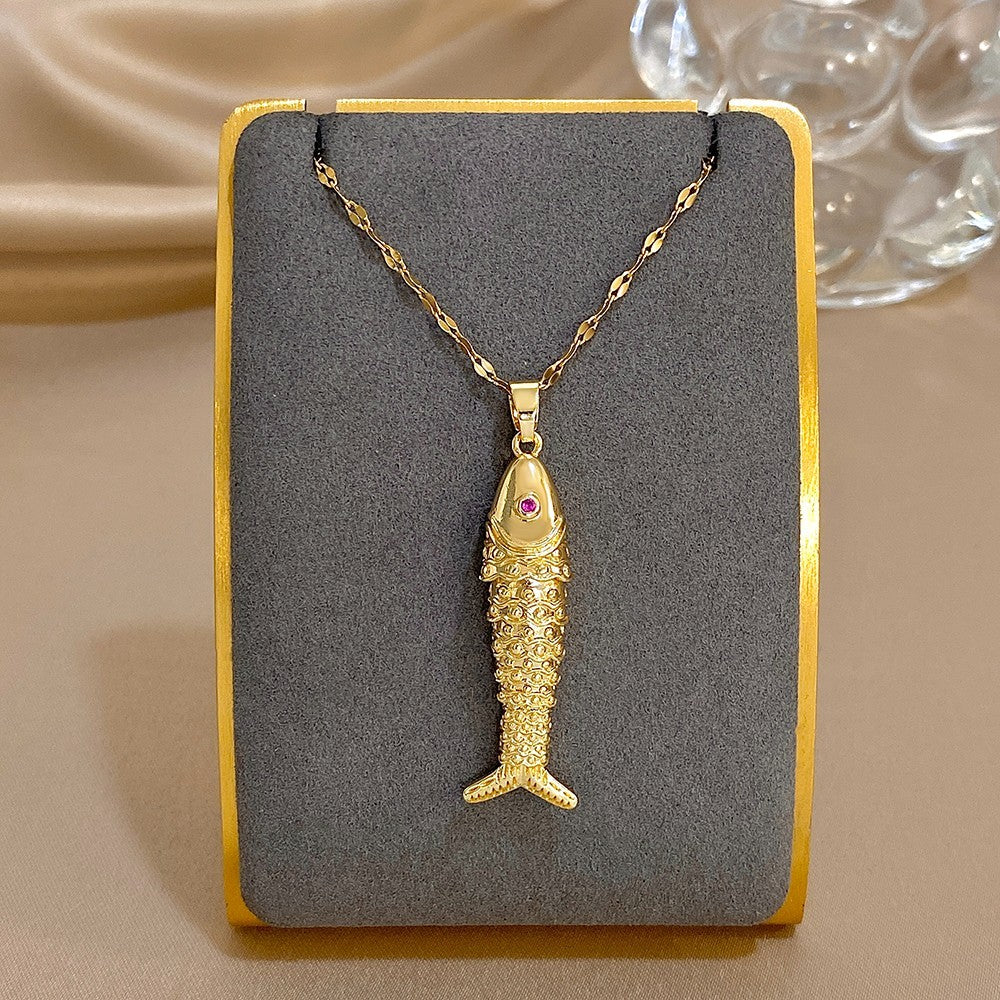 Gold Fish Pendant Necklace Textured Scale Dainty Red Eye Charm Chain Jewelry Gif