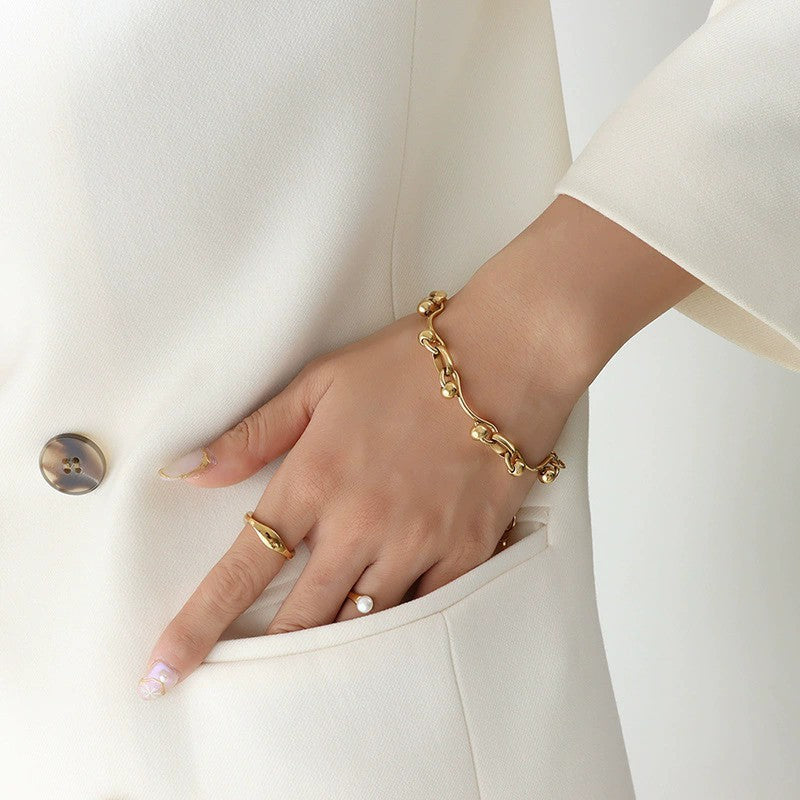 Gold Tone Wavy Ball Link Necklace Bracelet Set Stainless Steel Jewelry