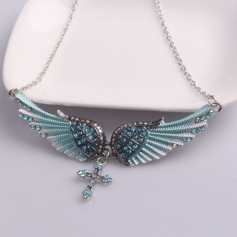 Rhinestone Angel Wing Cross Necklace Gift Set 3 Pcs Pink Blue Silver Jewelry