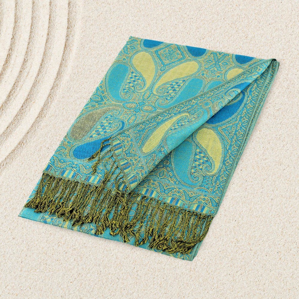 2 Piece Large Paisley Pashmina Scarf Shawl Womens Aqua Beige Polyester 28" X 78"
