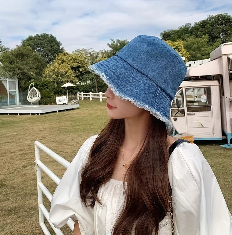 Women's Denim Bucket Hat Frayed Brim Summer Sun Cap Fisherman Blue Jeans