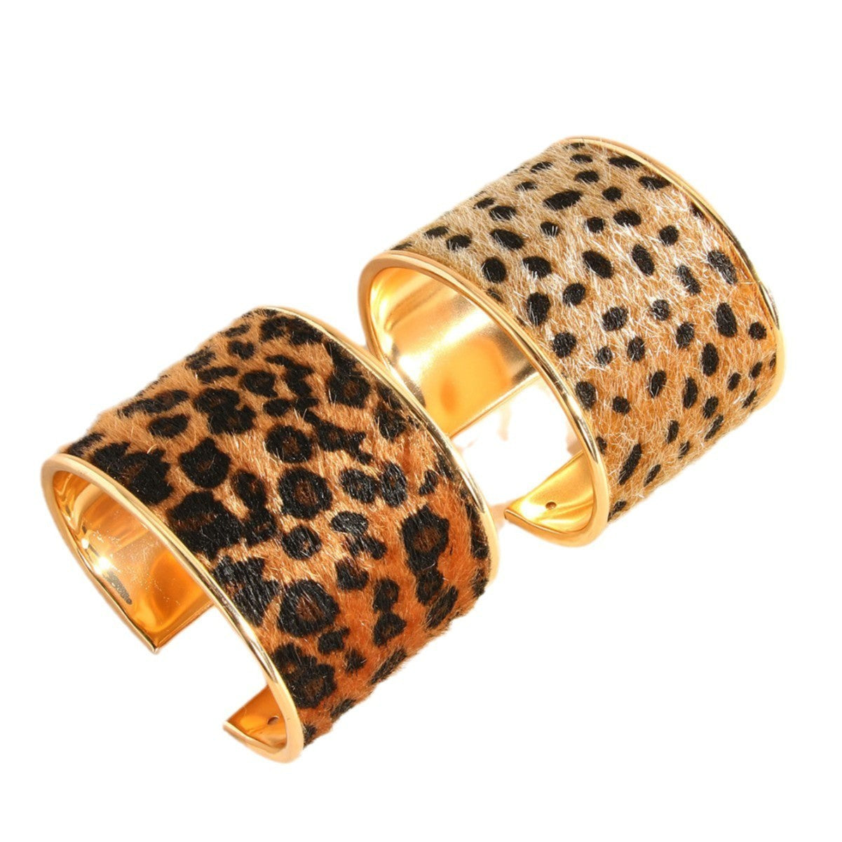 2 PC Cheetah Leopard Wide Cuff Bracelet Set Gold Tone Furry Animal Print Boho