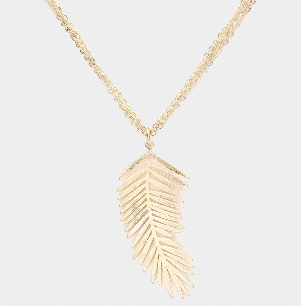 Boho Gold Palm Leaf Pendant Necklace - Tropical Fern Frond Layered Chain Jewelry