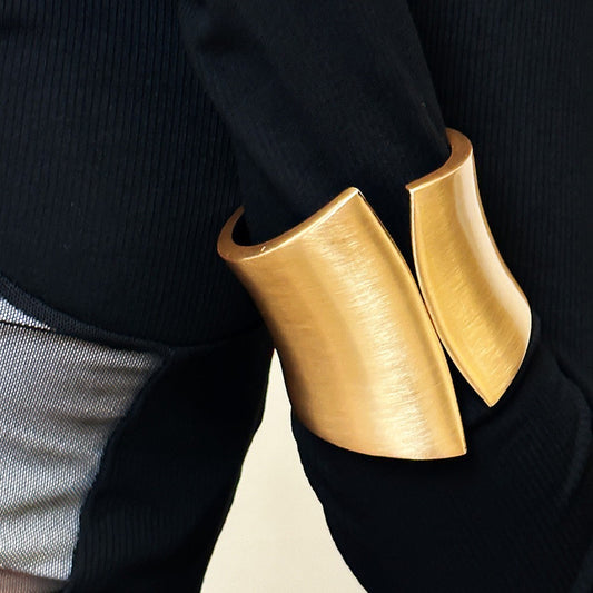Wide Gold Cuff Bracelet Sculptural Modern Statement Architectural Hinged Bangle