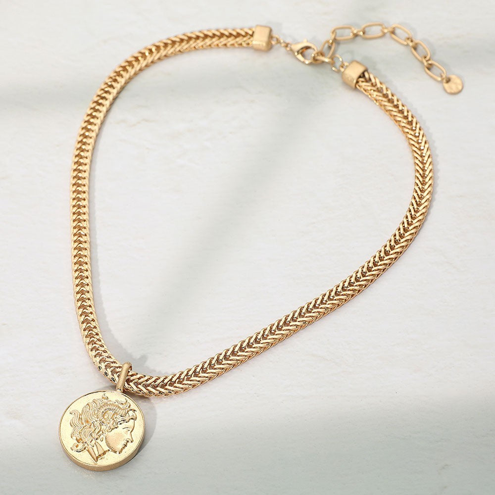 Chunky Gold Coin Pendant Necklace Foxtail Chain Medallion Choker Statement