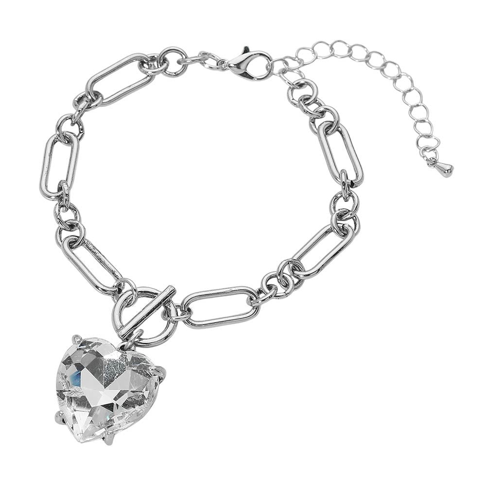 Silver Large Crystal Heart Charm Paperclip Chain Link Bracelet - Adjustable