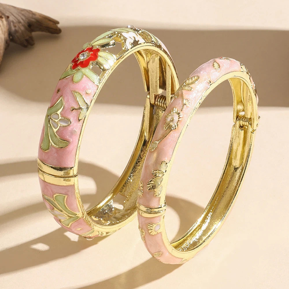 Cloisonné Enamel Flower Bracelet Bangle Set Pink Gold Tone Floral Jewelry