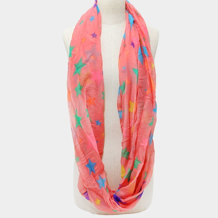 Neon Star Print Infinity Scarf Red Lightweight Viscose Loop Fashion Wrap for Wom