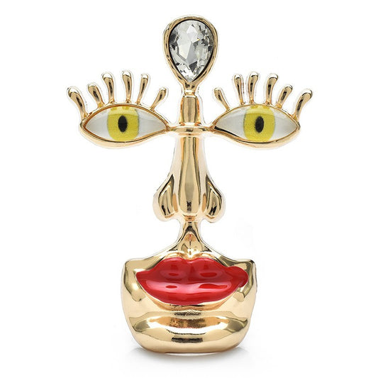 Gold Abstract Face Brooch Pin Red Lips Yellow Eyes Crystal Modern Art Statement