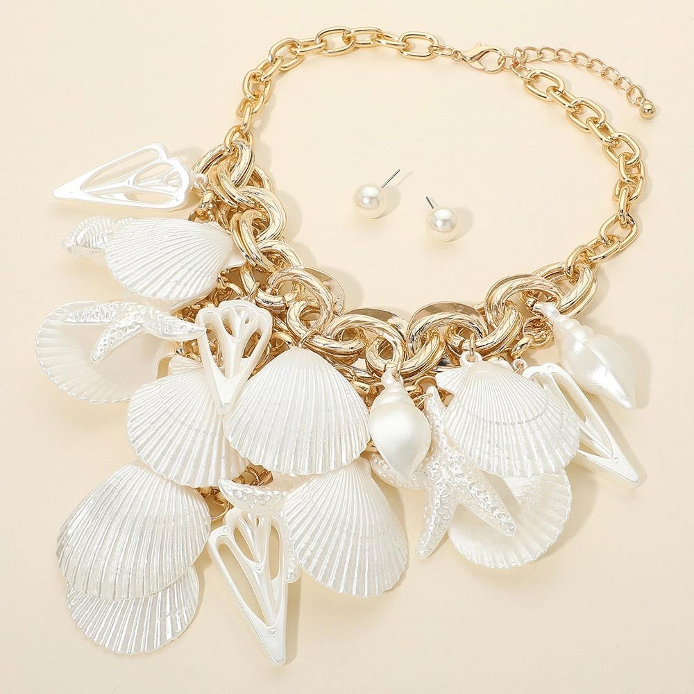 2pcs Gold Layered White Cowrie Shell Necklace with Crystal Enamel Earring Set