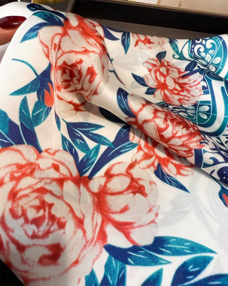 Elegant Floral Square Scarf White Red Rose Blue Baroque Satin Neckerchief Bandan