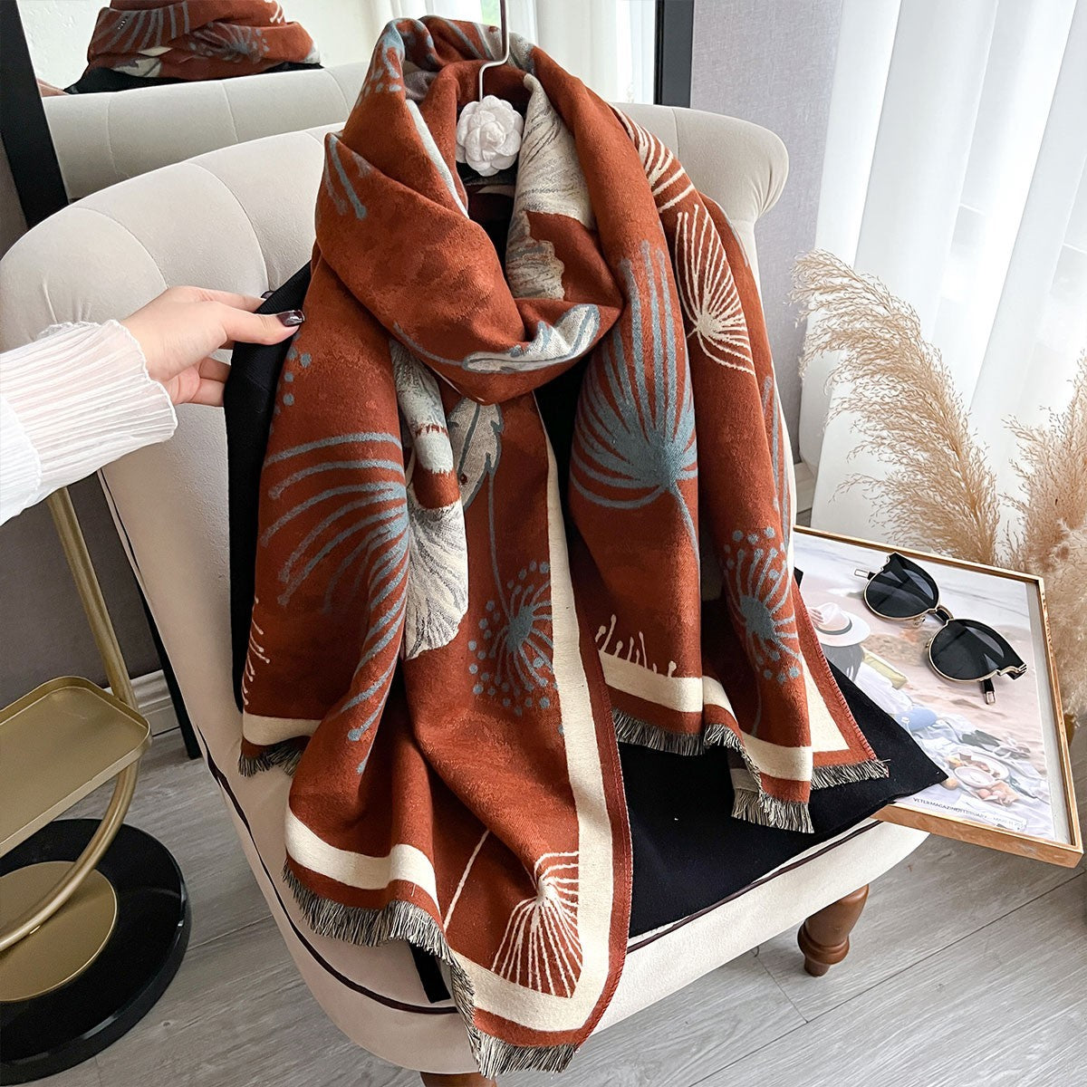 Oversize Burnt Orange Floral Shawl Wrap Scarf Cashmere Feel Woven Print