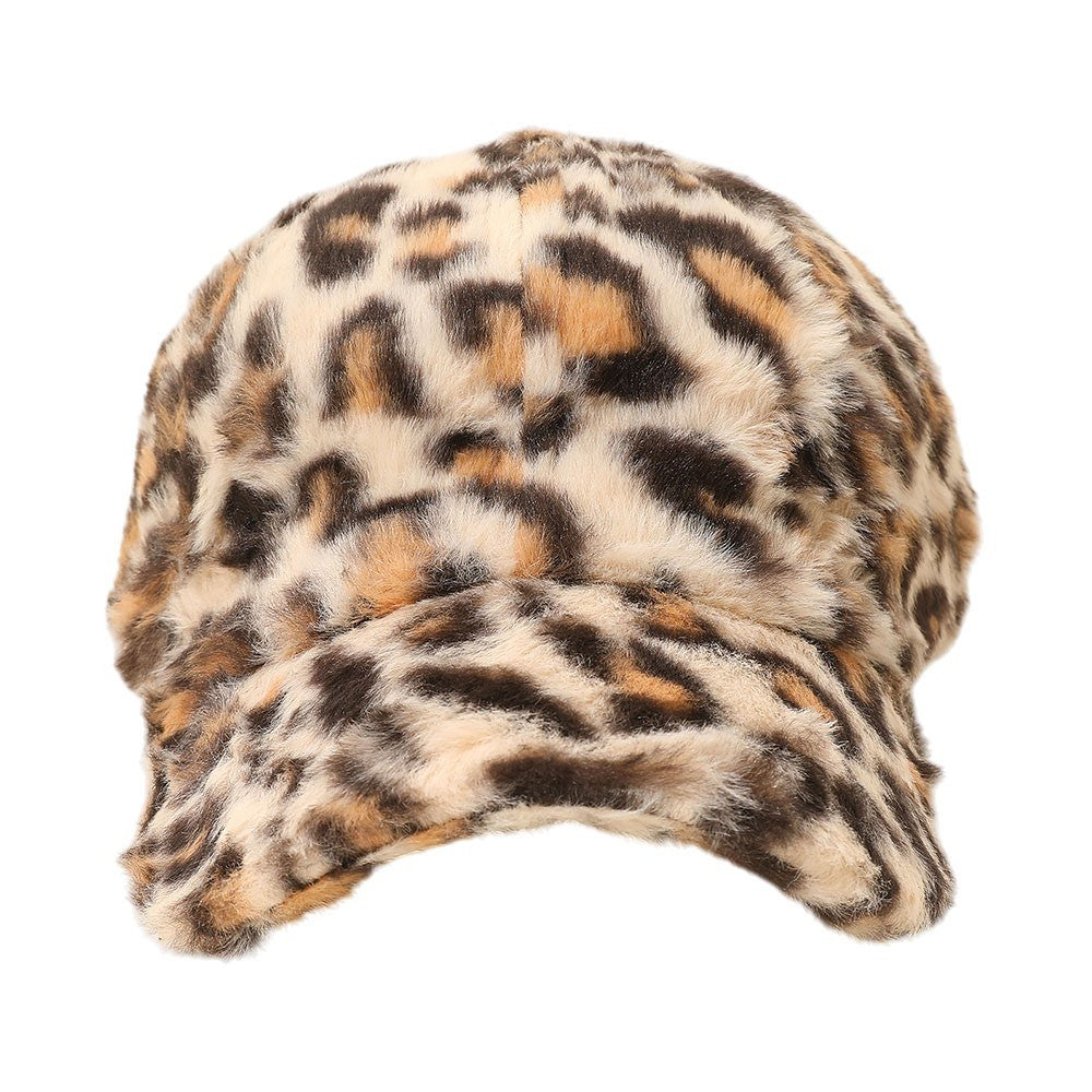 Funky Faux Fur  Beige Leopard Print Baseball Cap Adjustable Unisex Hat