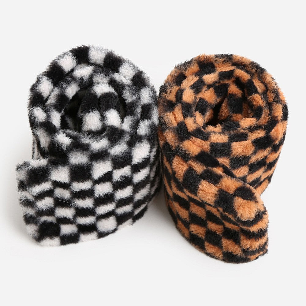 Faux Fur Plush Checkeredboard Pull Through Cowl Scarf for Women Brown 6" X 35"