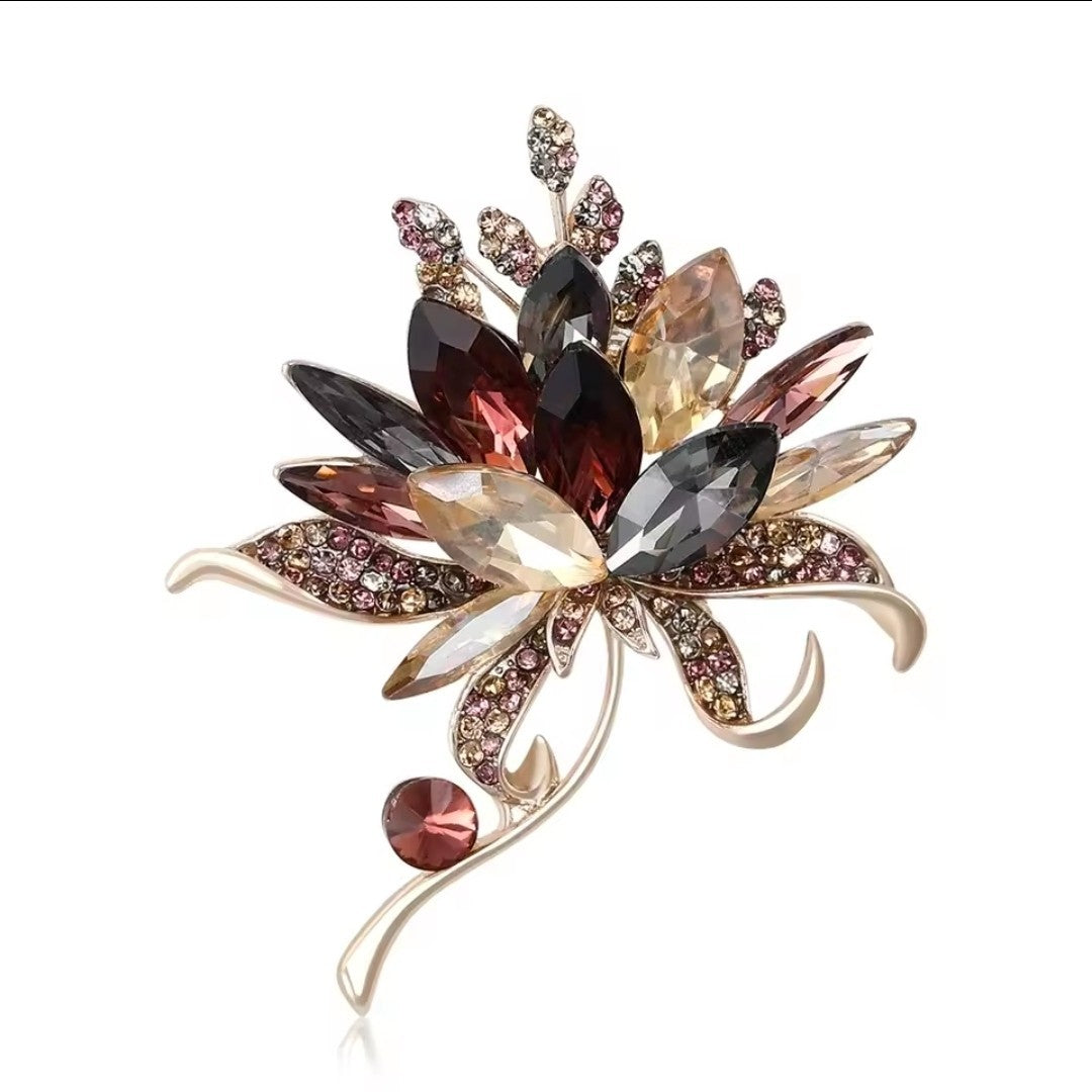 Gold Tone Art Deco Style Multi-Color Crystal Floral Statement Brooch Pin