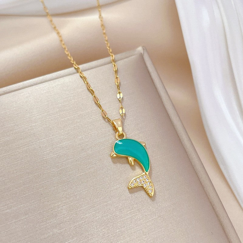 Women’s Gold Tone Dolphin Necklace Dainty Turquoise Enamel Pendant Charm