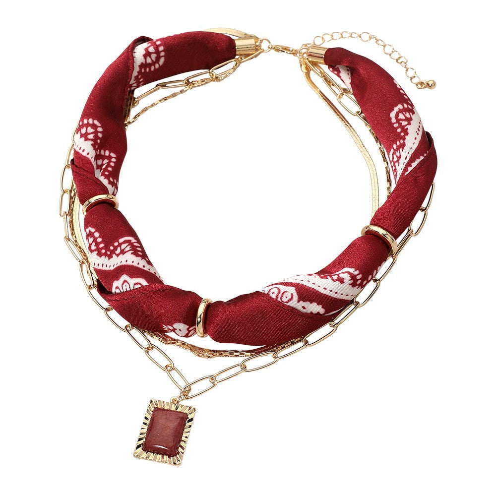 Boho Layered Red Scarf Chain Necklace Gold Tone Rectangle Stone Pendant